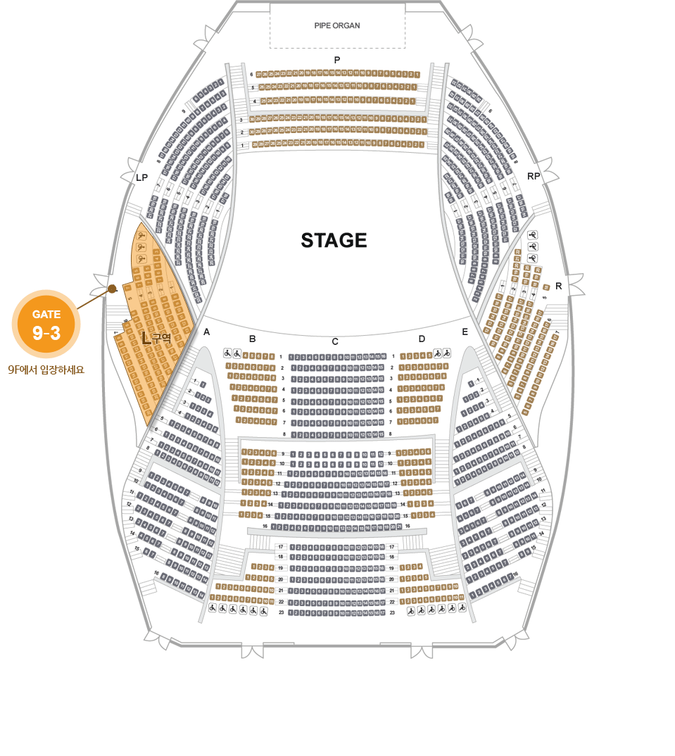 객석 1층 8F~9F L구역, 9층 3번 게이트 에서 입장하세요